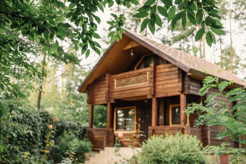 Дерев'яний котедж серед сосен на території Villa Vita